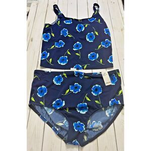 Jantzen Women's High-Neck and High-Back Tankini Swimsuit Set Navy Floral Sz 24‎